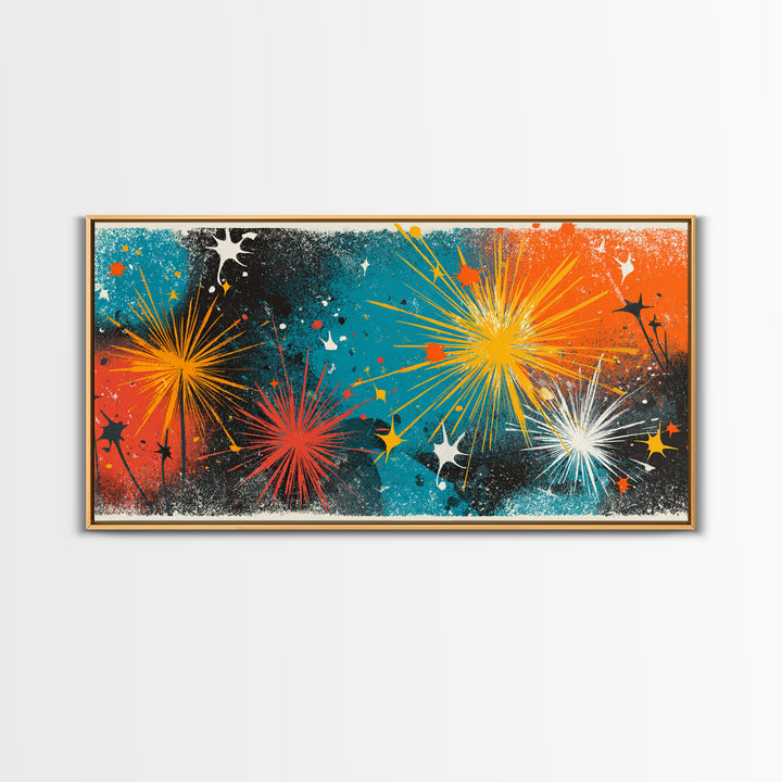 Teal Orange Splatter Starburst Wall Art, Atomic Mid Century Modern Decor, Retro Abstract Print For Living Room Or Office Decor