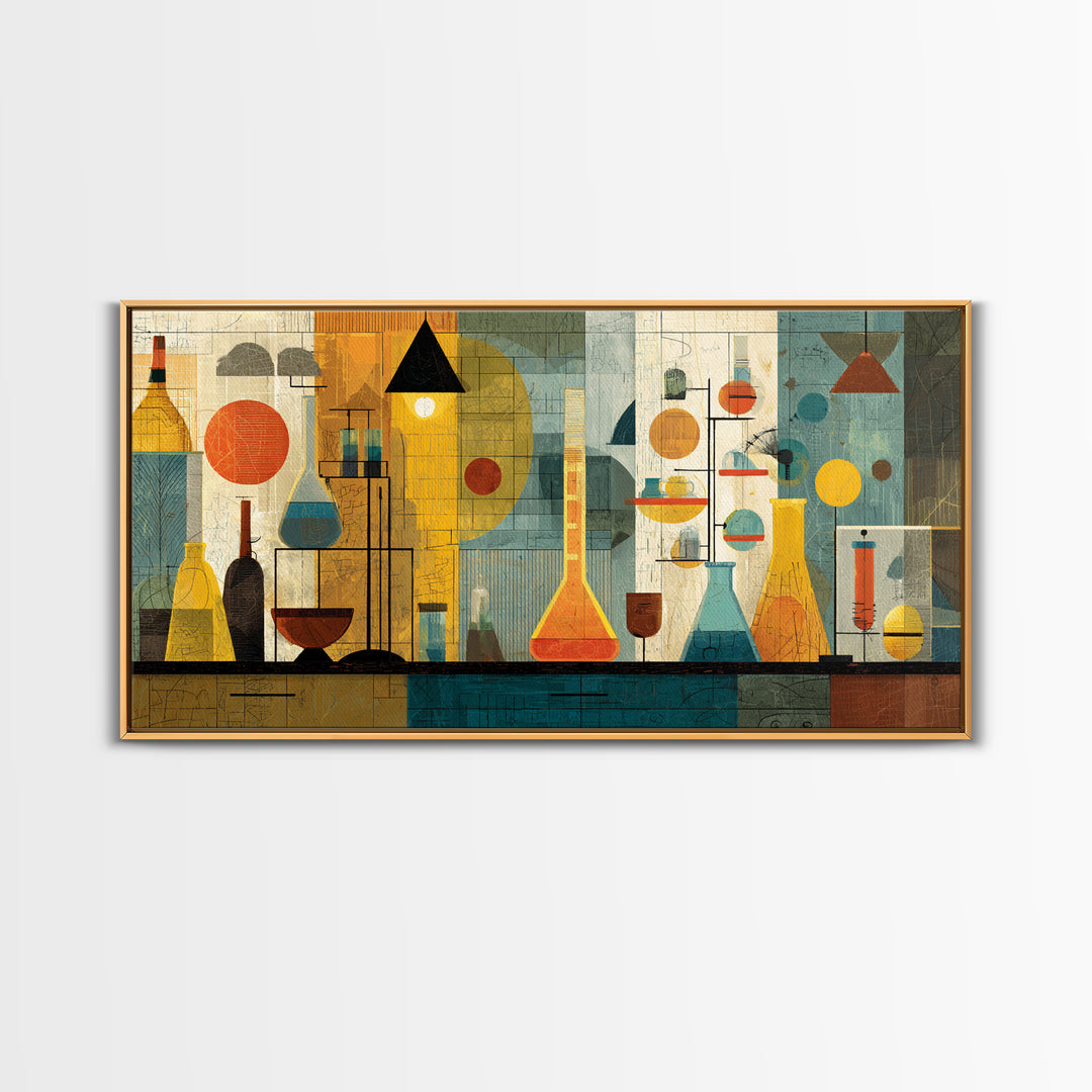 Yellow Teal Laboratory Still Life Framed Canvas Print, Mid Century Modern Wall Decor, Retro Science Art For Home Office Decor