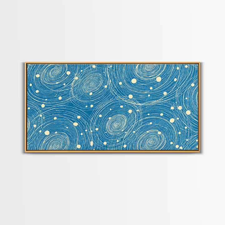 Blue Swirling Star Field Framed Canvas Print, Midcentury Modern Wall Art, Retro Abstract Poster, Cosmic Home Decor, MCM Office Decor