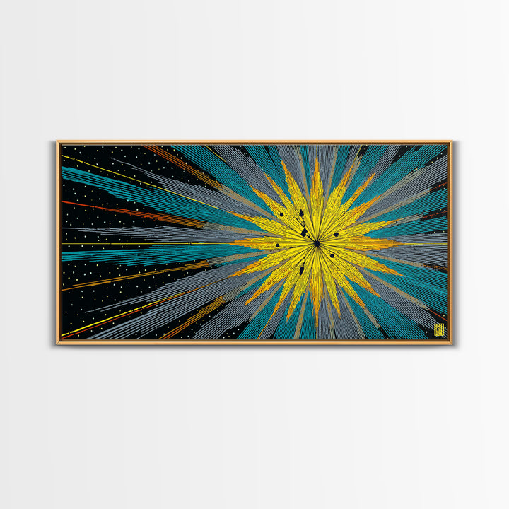 Yellow Teal Cosmic Starburst Canvas Print, Midcentury Modern Space Abstract Wall Art, Atomic Retro MCM Home Decor For Office Decor