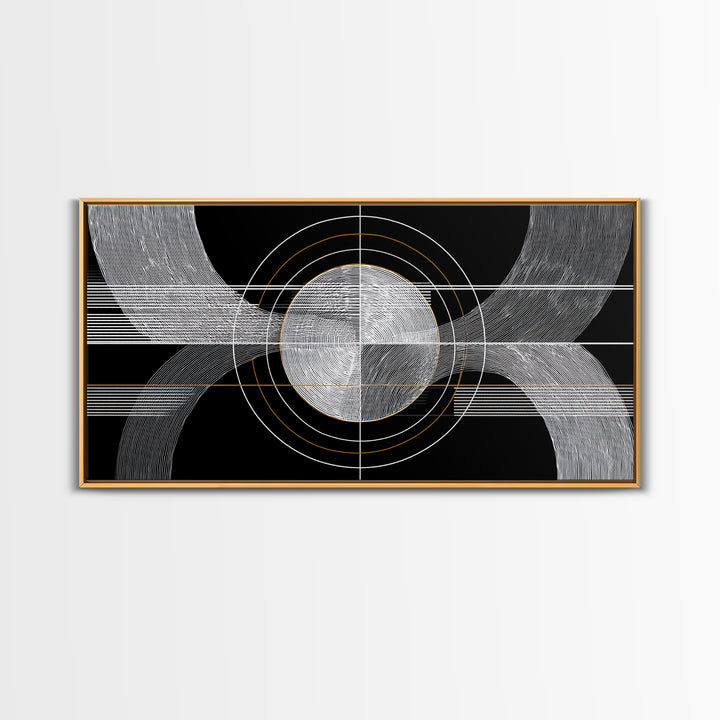Black White Orbital Waves Framed Canvas Print, Midcentury Modern Wall Art, Geometric Abstract Poster, MCM Home Decor, Gold Accent