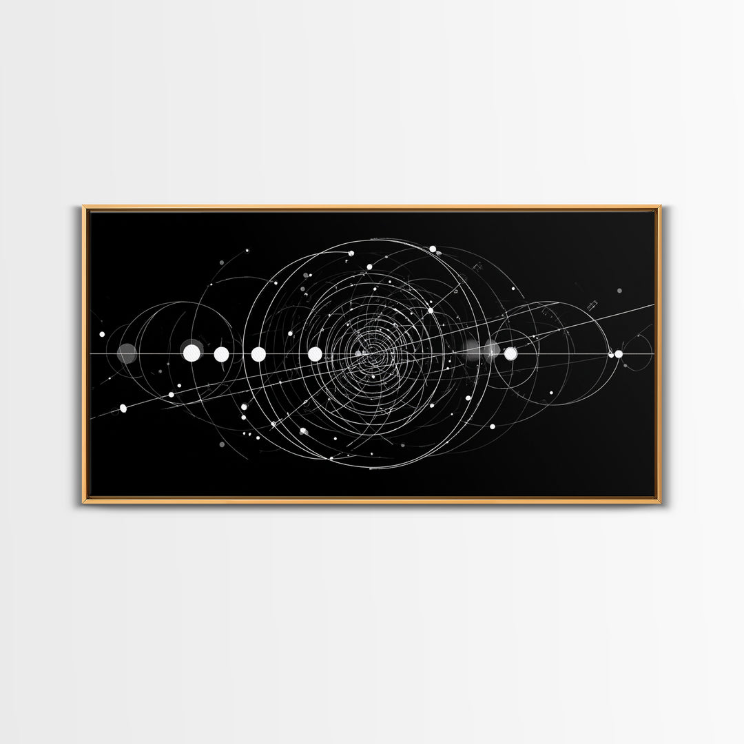 White Orbital Geometry In Black Space Wall Art, Modern Abstract Art Print, Sci Fi Decor, Geometric Wall Decor Gift For Office