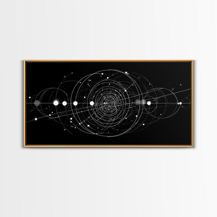 White Orbital Geometry In Black Space Wall Art, Modern Abstract Art Print, Sci Fi Decor, Geometric Wall Decor Gift For Office