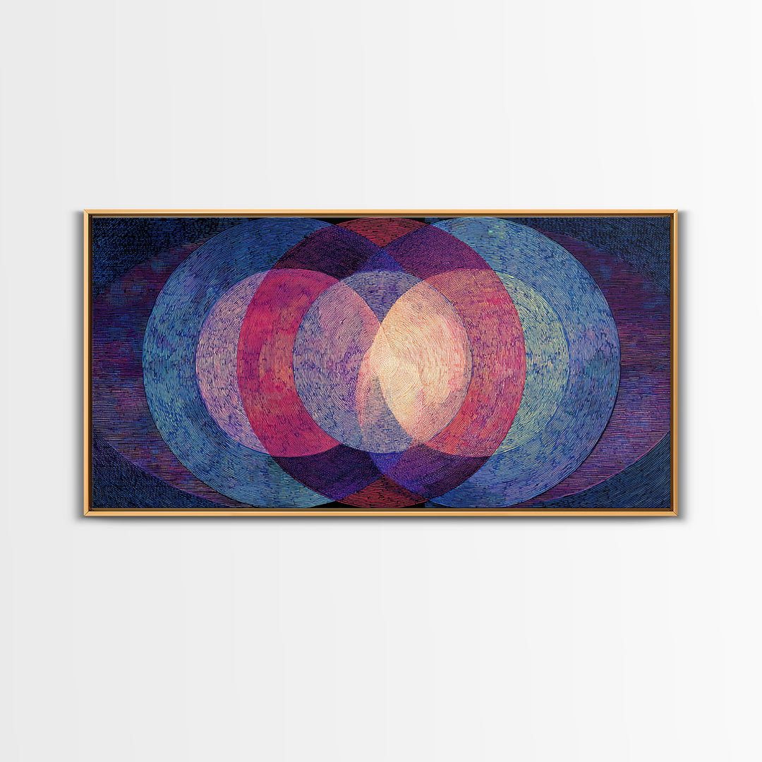 Textured Blue Pink Moire Oval Rings Wall Art, Midcentury Modern Abstract Art Print, Op Art Poster, Retro Geometric MCM Decor