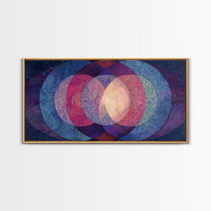 Textured Blue Pink Moire Oval Rings Wall Art, Midcentury Modern Abstract Art Print, Op Art Poster, Retro Geometric MCM Decor