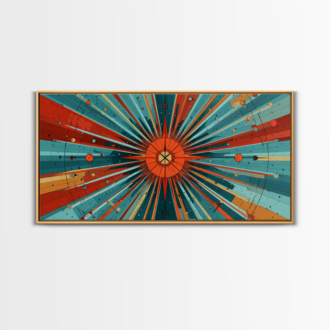 Orange Teal Cosmic Sunburst Canvas Print, Midcentury Modern Art, Retro Atomic Poster, Bold Geometric Wall Decor, 1950s Space Print