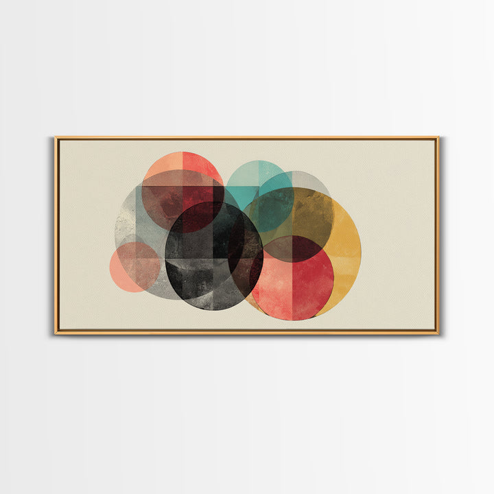 Neutral Black Red Yellow Circle Cluster Framed Canvas Print, Midcentury Modern Wall Art, Retro Geometric Poster, MCM Home Decor