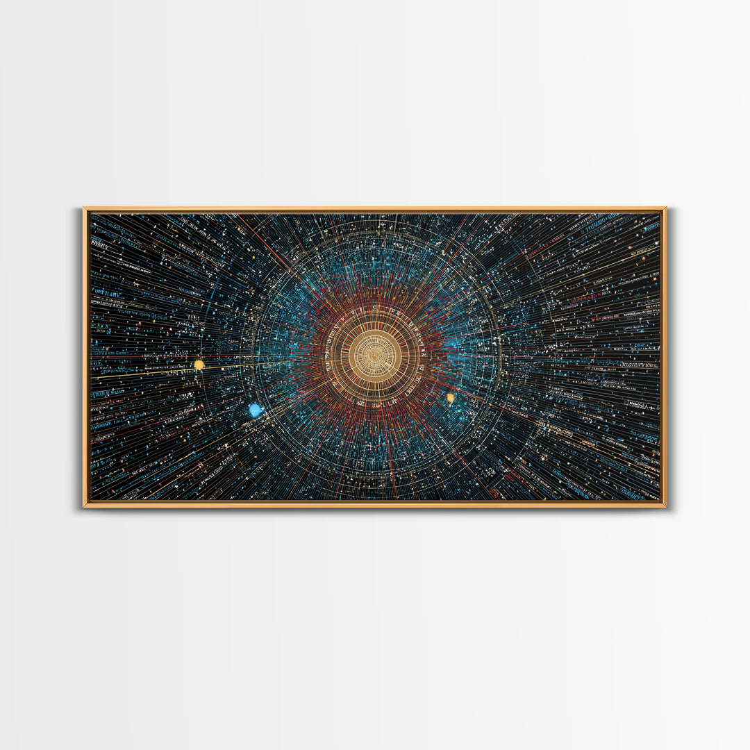 Golden Data Starburst Framed Canvas Print, Modern Abstract Art, Cosmic Geometric Wall Decor, Sci Fi Poster, Blue Orange Space Art