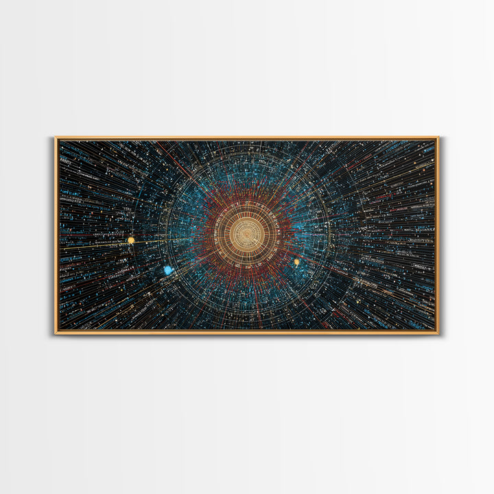 Golden Data Starburst Framed Canvas Print, Modern Abstract Art, Cosmic Geometric Wall Decor, Sci Fi Poster, Blue Orange Space Art