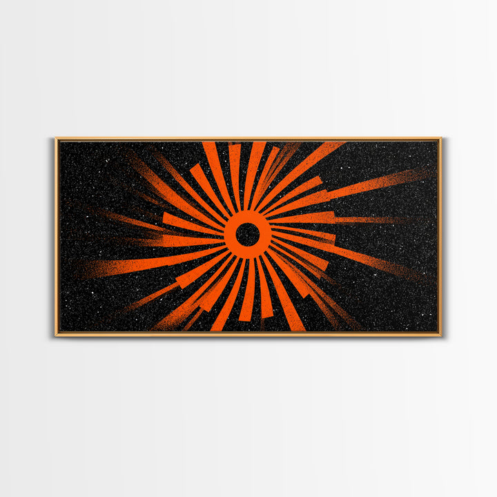 Orange Eclipse Sunburst Canvas Print, Retro Space Abstract Art, Midcentury Modern Wall Decor, Black Atomic Poster For Living Room