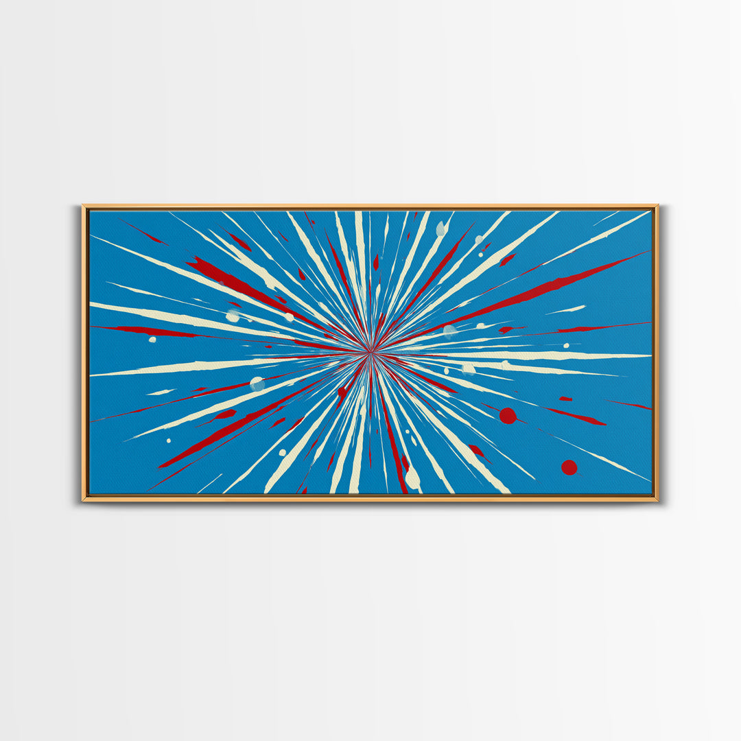 Blue Red Speed Burst Wall Art, Retro Sci Fi Star Lines, Modern Abstract Art Print, Bold Graphic Poster, Game Room Decor Gift