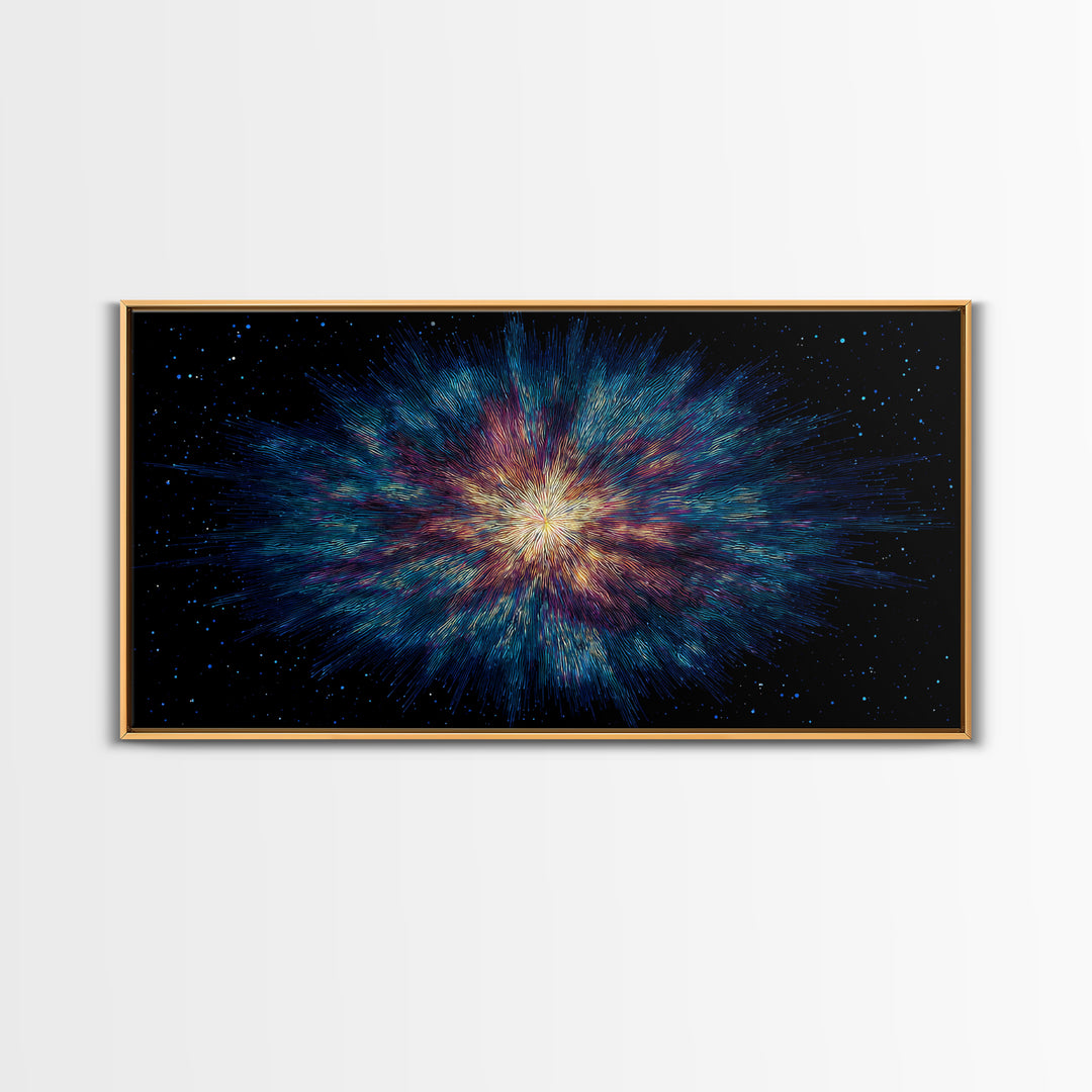 Luminous Nebula Starburst Framed Canvas Print, Cosmic Abstract Wall Art, Modern Galaxy Poster, Blue Purple Bedroom Decor