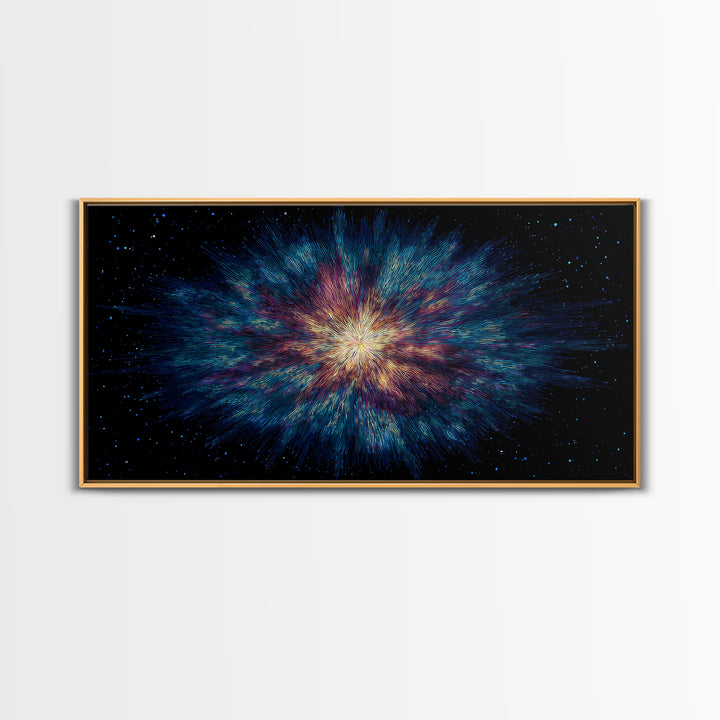 Luminous Nebula Starburst Framed Canvas Print, Cosmic Abstract Wall Art, Modern Galaxy Poster, Blue Purple Bedroom Decor