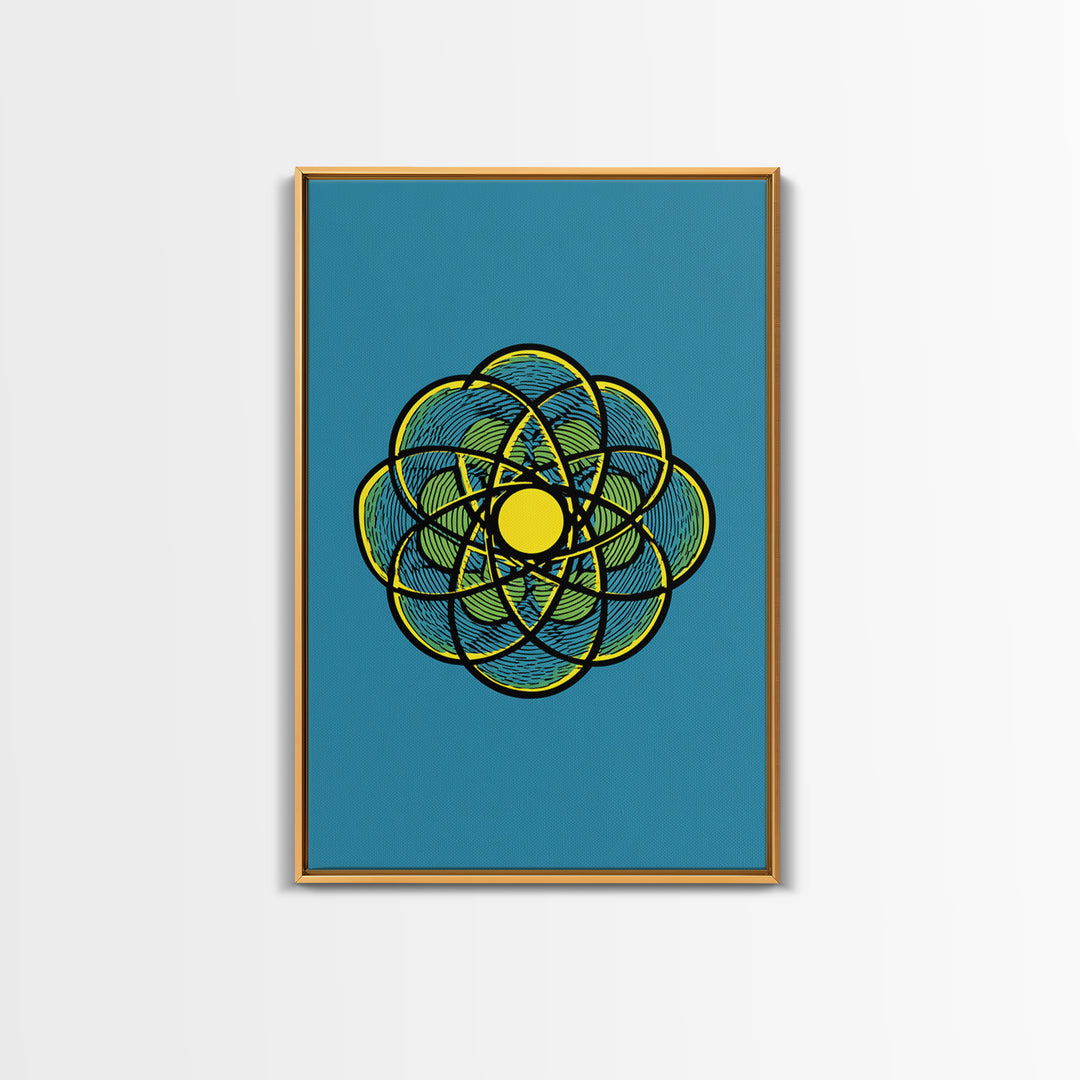 Colorful Atomic Flower Symbol On Blue Canvas Print, Midcentury Modern Wall Decor, Geometric Art Print, Retro Space Poster