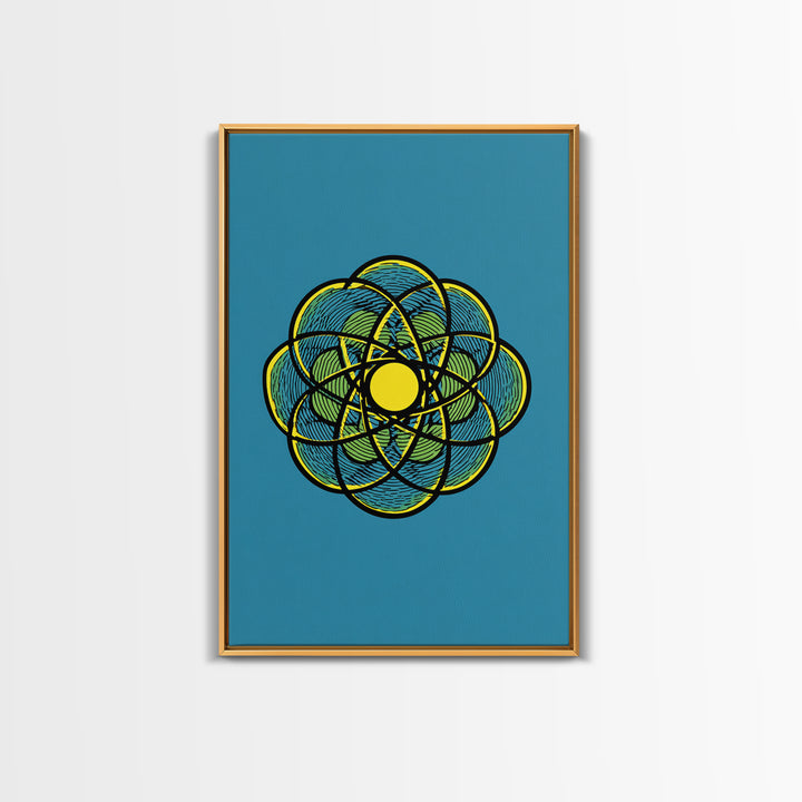 Colorful Atomic Flower Symbol On Blue Canvas Print, Midcentury Modern Wall Decor, Geometric Art Print, Retro Space Poster