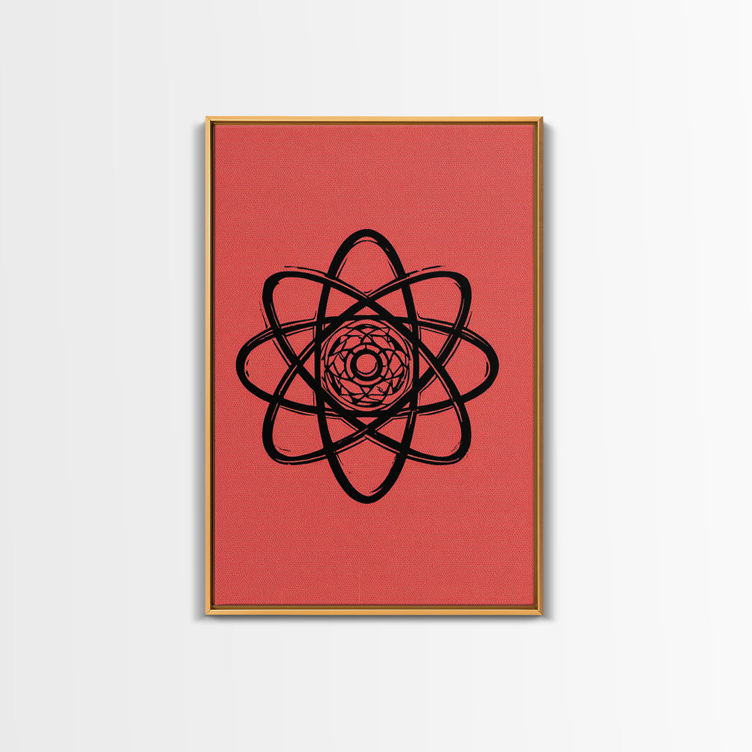 Black Atomic Symbol On Red Canvas Print, Midcentury Modern Wall Art, Retro Science Poster, Geometric MCM Home Decor, Atomic Art Print