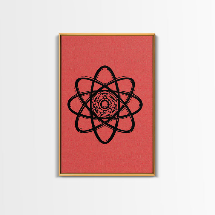 Black Atomic Symbol On Red Canvas Print, Midcentury Modern Wall Art, Retro Science Poster, Geometric MCM Home Decor, Atomic Art Print