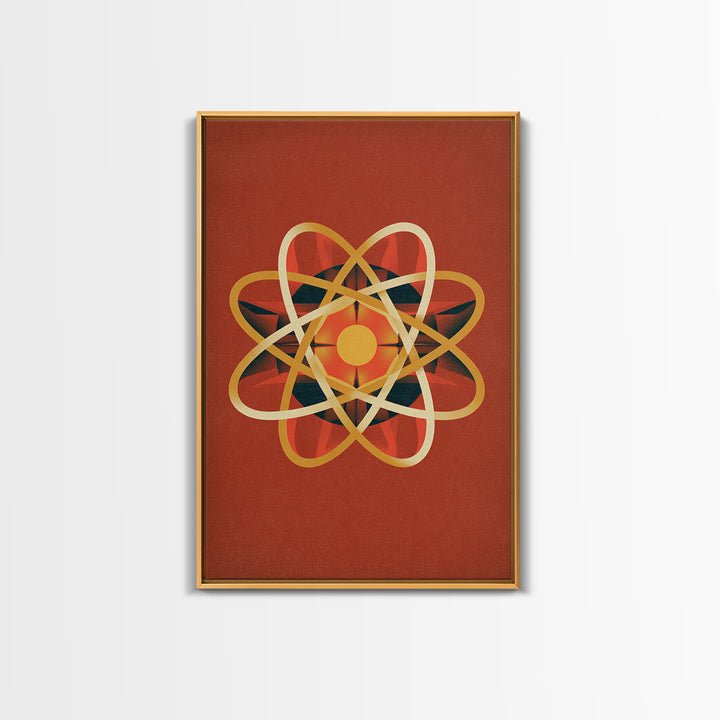 Glowing Golden Atomic Symbol Canvas Print, Midcentury Modern Wall Art, Retro Science Decor, Orange Geometric Abstract Poster