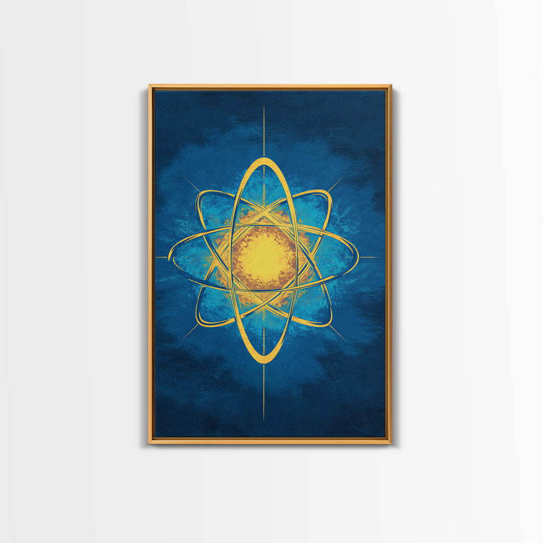 Glowing Yellow Atom On Blue Framed Canvas Print, Midcentury Modern Wall Art, Retro Science Poster, Geometric Space Decor