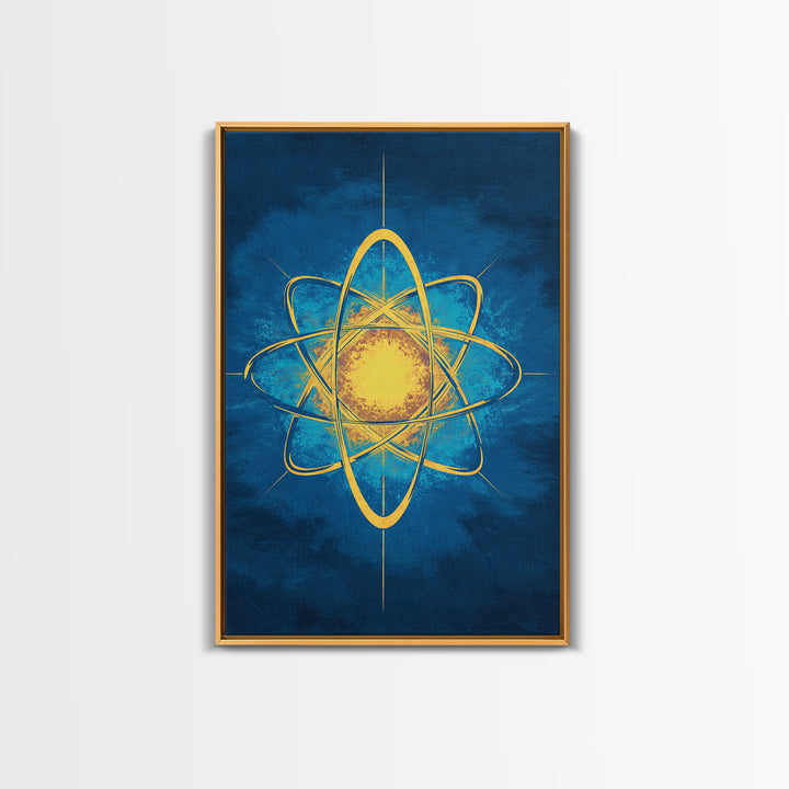 Glowing Yellow Atom On Blue Framed Canvas Print, Midcentury Modern Wall Art, Retro Science Poster, Geometric Space Decor