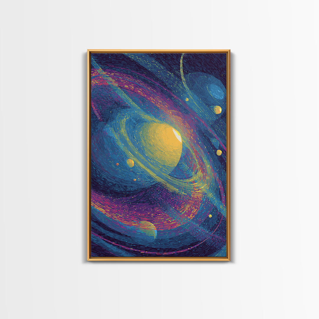 Vibrant Saturn Galaxy With Colorful Swirls Canvas Print, Cosmic Retro Wall Decor, Modern Abstract Art, Space Poster Gift