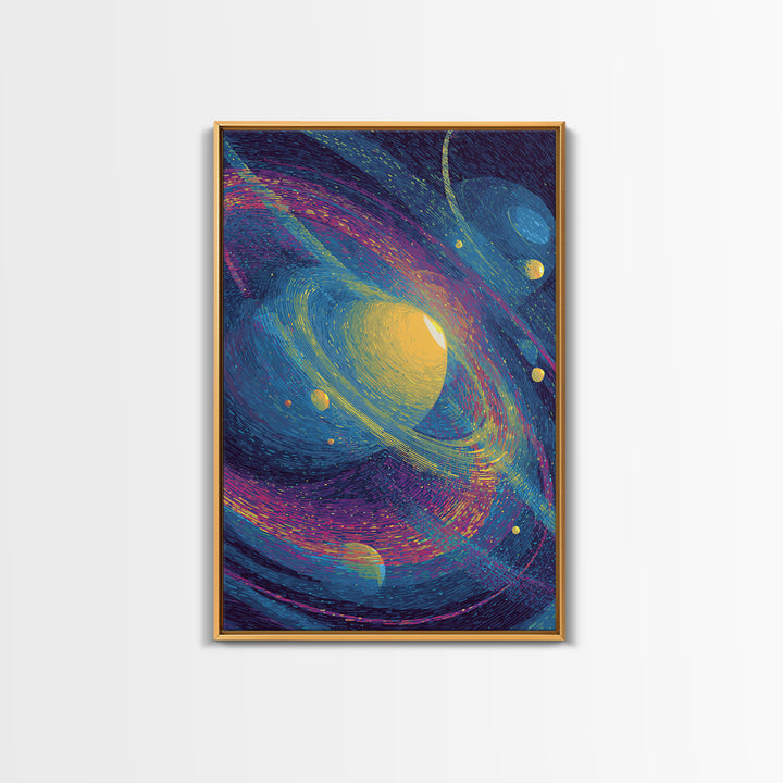 Vibrant Saturn Galaxy With Colorful Swirls Canvas Print, Cosmic Retro Wall Decor, Modern Abstract Art, Space Poster Gift