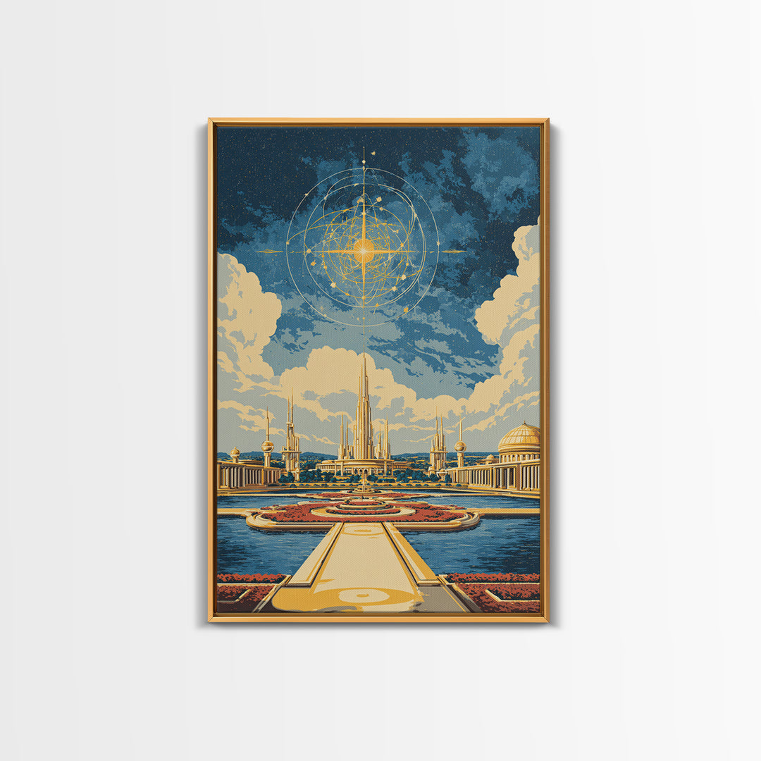Golden Celestial Palace And Star Map Wall Art, Mid Century Modern Sci Fi Poster, Futuristic City Decor, Cosmic Canvas Print