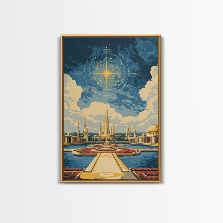 Golden Celestial Palace And Star Map Wall Art, Mid Century Modern Sci Fi Poster, Futuristic City Decor, Cosmic Canvas Print