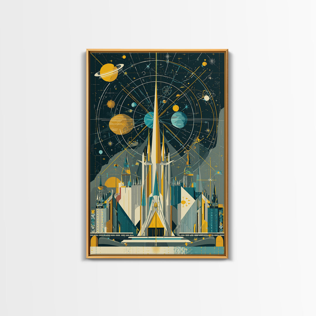 Atomic Rocket Spire Space Age City Canvas Print, Mid Century Modern Wall Art, Futuristic Planet Poster, Geometric MCM Decor