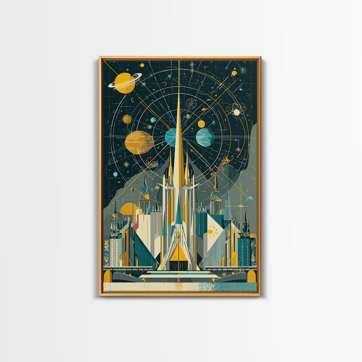 Atomic Rocket Spire Space Age City Canvas Print, Mid Century Modern Wall Art, Futuristic Planet Poster, Geometric MCM Decor