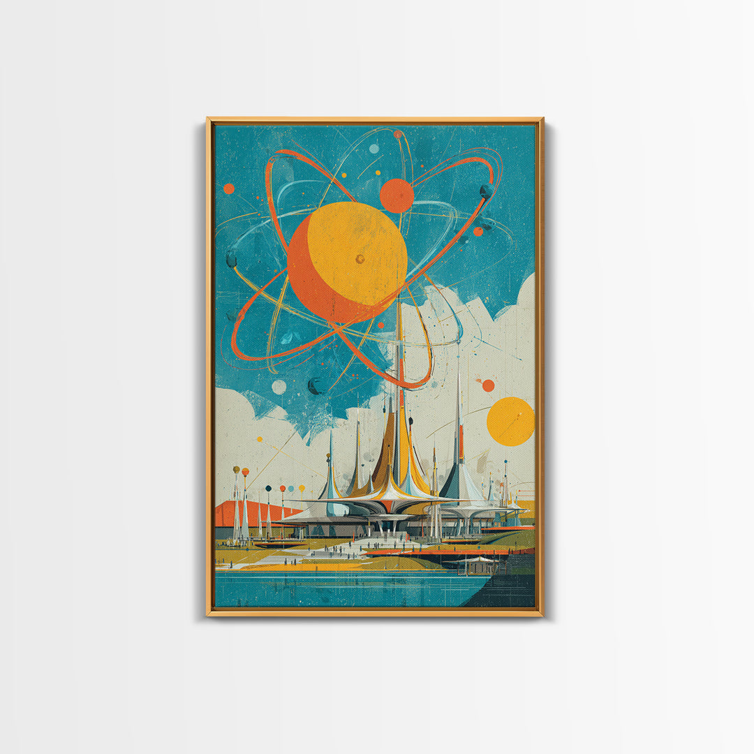 Giant Atomic Sun Over Futuristic City Wall Art, Mid Century Modern Canvas Print, Retro Space Age Poster, Turquoise Decor
