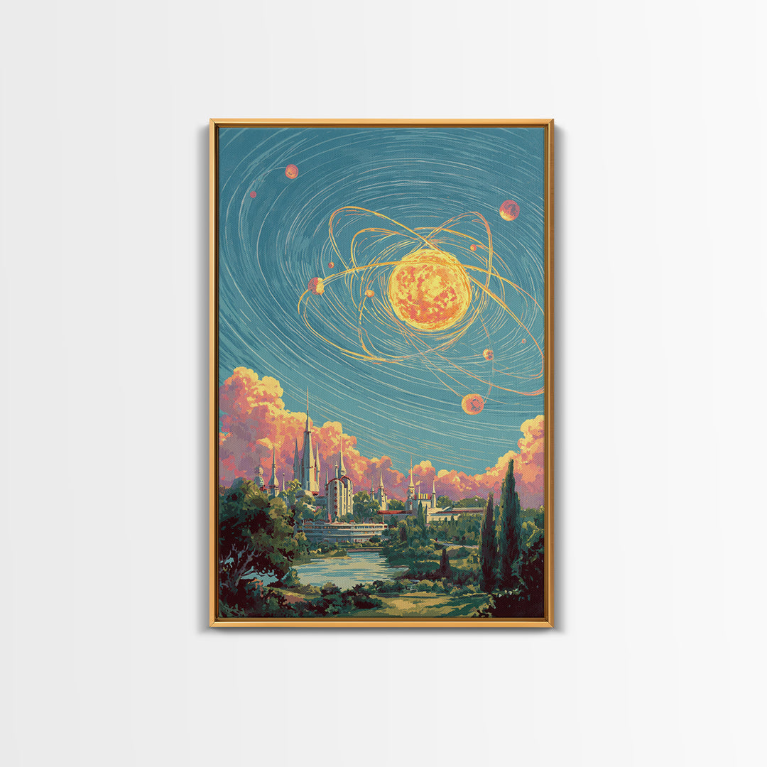 Glowing Atomic Sun Over Retro Future City Canvas Print, Mid Century Modern Wall Art, Cosmic Space Poster, Scenic MCM Decor