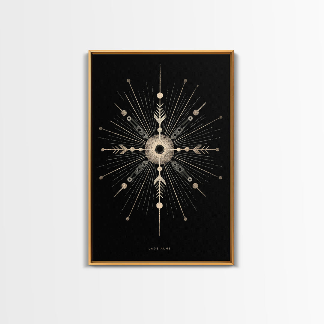 Gold Celestial Starburst Canvas Print, Black Cosmic Wall Decor, Midcentury Atomic Abstract Poster, Spiritual Geometric Art