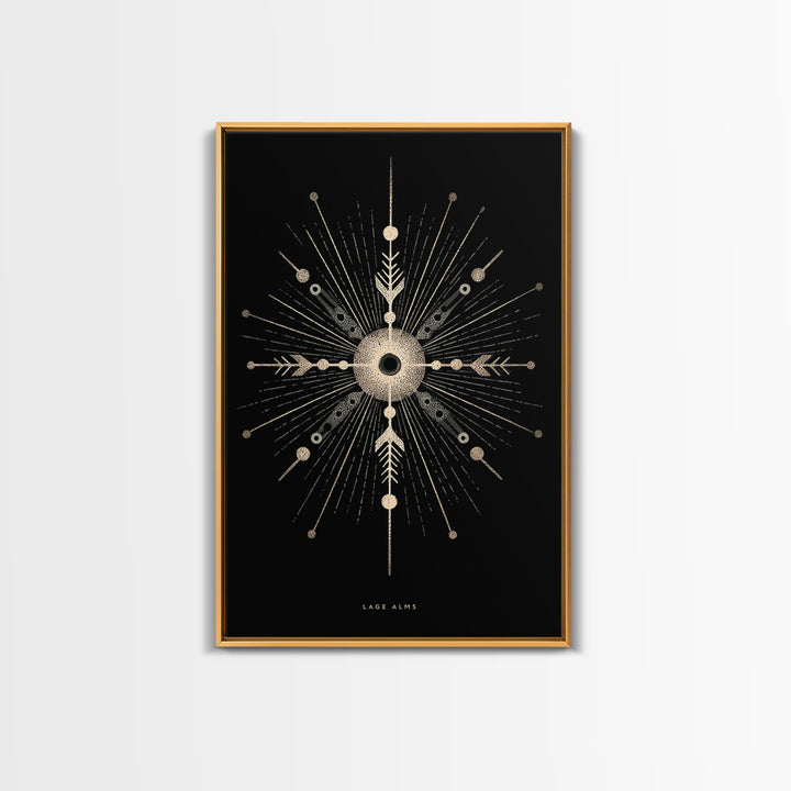 Gold Celestial Starburst Canvas Print, Black Cosmic Wall Decor, Midcentury Atomic Abstract Poster, Spiritual Geometric Art