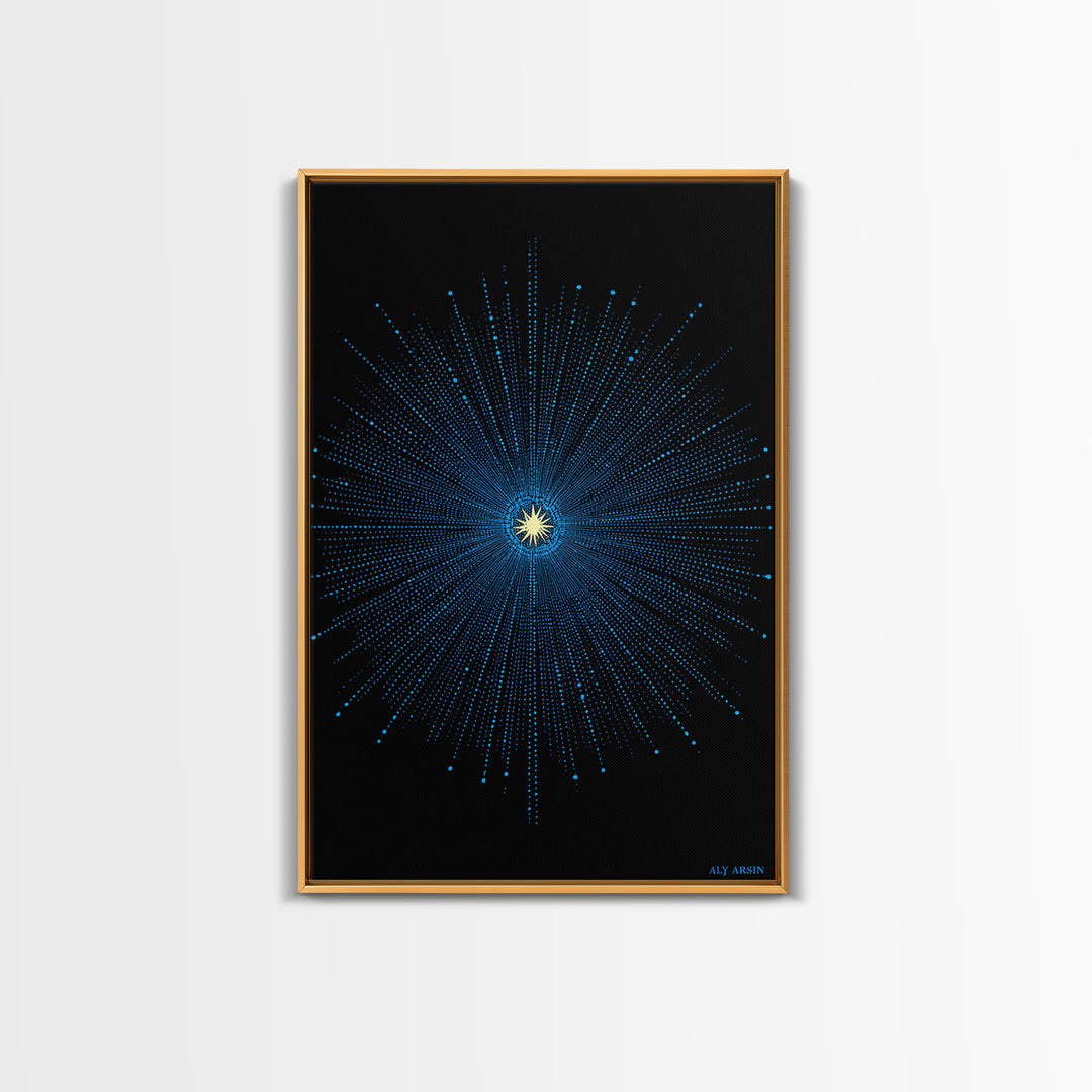 Blue Cosmic Starburst Wall Art, Modern Abstract Space Poster, Atomic Midcentury Decor, Black Sci Fi Galaxy Print For Living Room