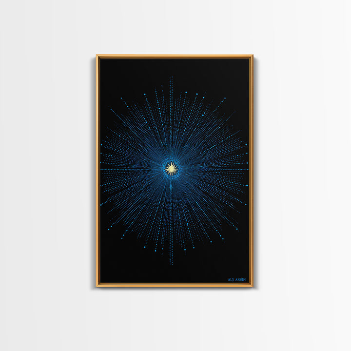 Blue Cosmic Starburst Wall Art, Modern Abstract Space Poster, Atomic Midcentury Decor, Black Sci Fi Galaxy Print For Living Room