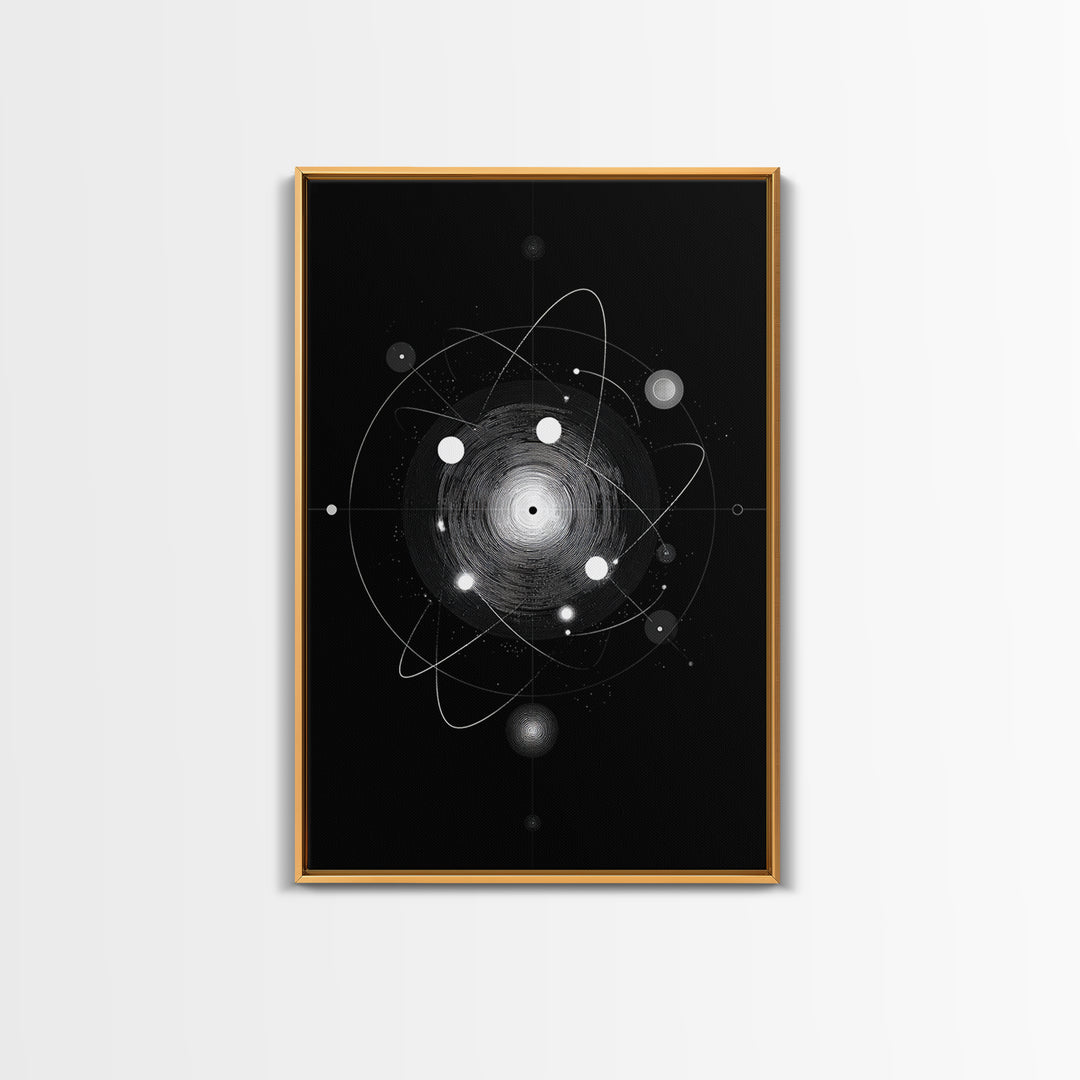 Radiant Atomic Orbit Vortex Wall Art, Black And White Space Abstract, Mid Century Modern Decor, Geometric Sci Fi Poster Print
