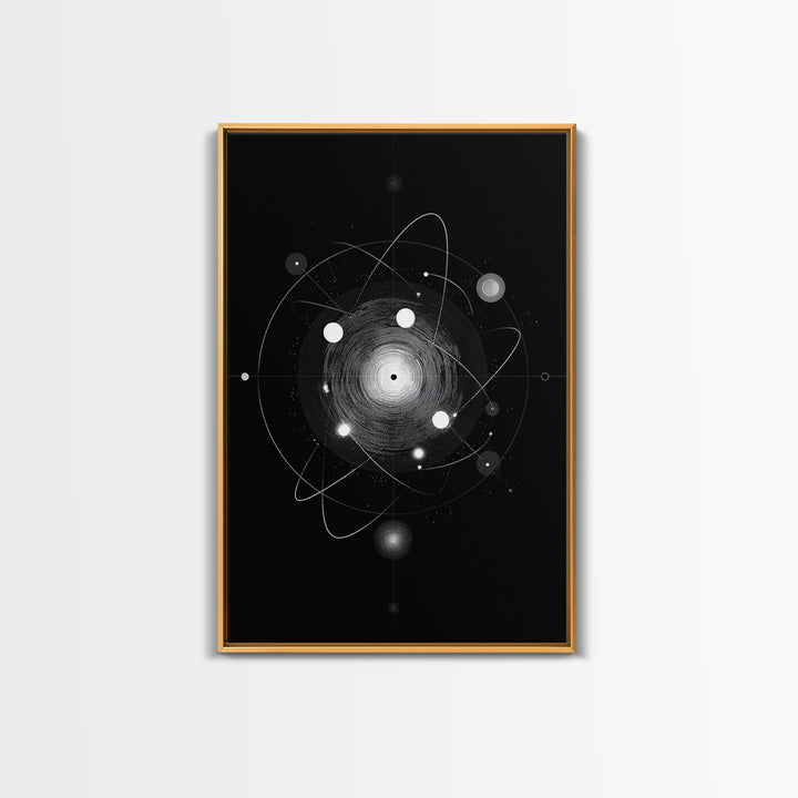 Radiant Atomic Orbit Vortex Wall Art, Black And White Space Abstract, Mid Century Modern Decor, Geometric Sci Fi Poster Print