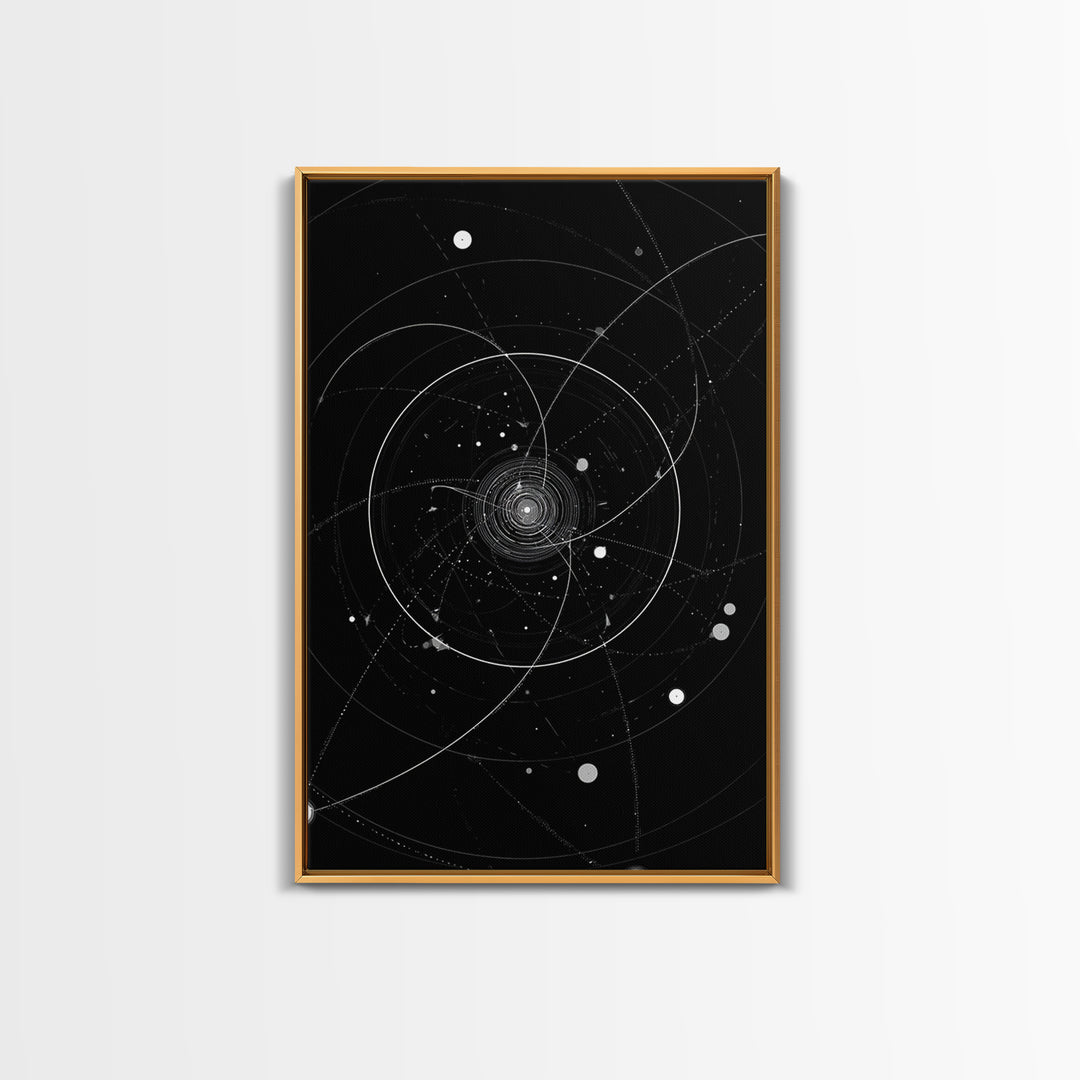 Deep Space Orbital Spiral Wall Art, Black White Cosmic Abstract, Geometric Modern Art Print, Retro Sci Fi Home Decor Poster