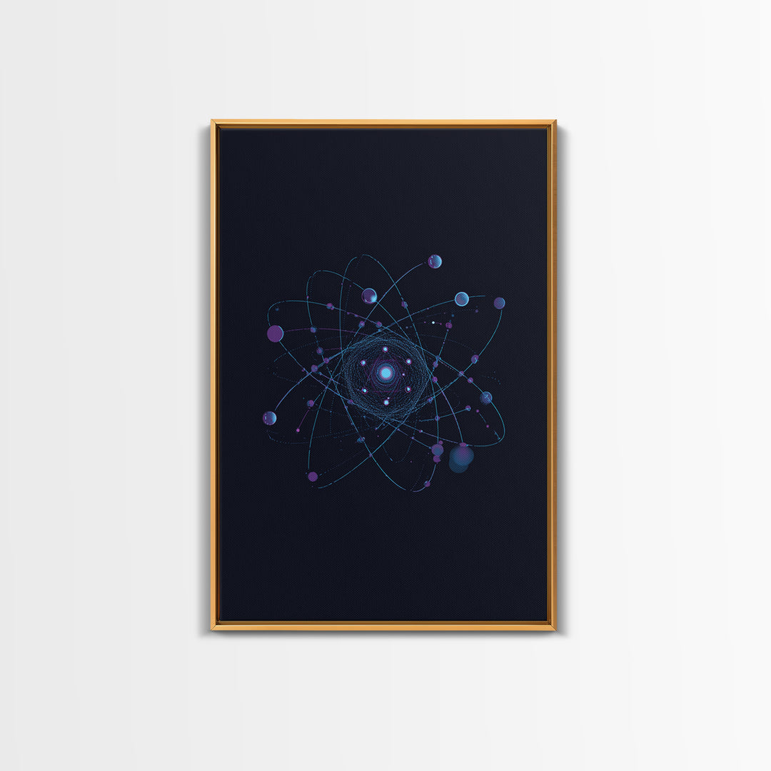 Blue Purple Atomic Orbit Canvas Print, Dark Space Abstract Science Art, Modern Wall Decor, Midcentury Geometric Poster Print