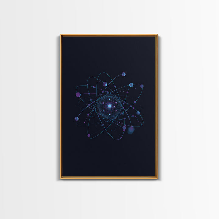 Blue Purple Atomic Orbit Canvas Print, Dark Space Abstract Science Art, Modern Wall Decor, Midcentury Geometric Poster Print