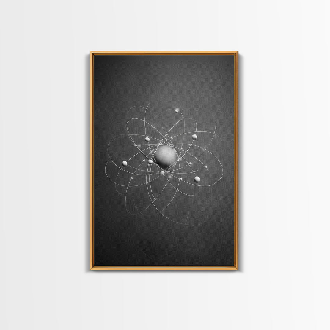 Monochrome Atom Model Framed Canvas Print, Gray Science Abstract Art, Modern Wall Decor, Mid Century Geometric Poster Print
