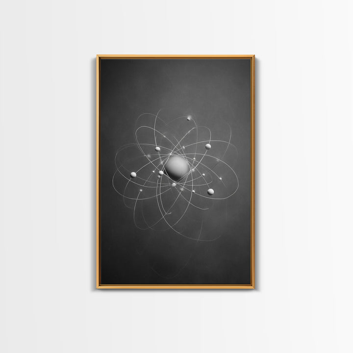 Monochrome Atom Model Framed Canvas Print, Gray Science Abstract Art, Modern Wall Decor, Mid Century Geometric Poster Print