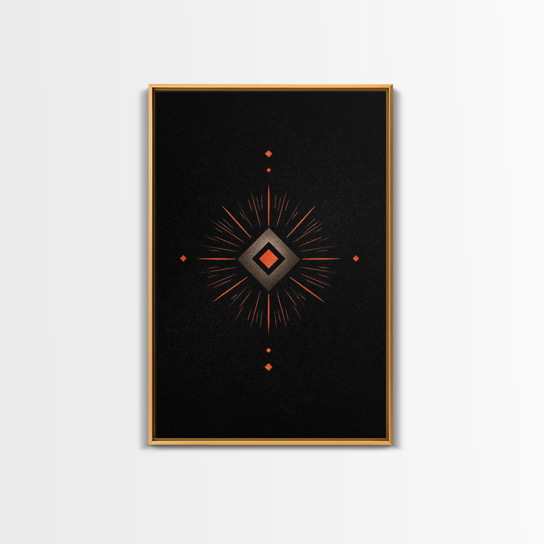 Orange Diamond Sunburst Wall Art, Black Atomic Abstract Design, Mid Century Modern Decor, Geometric Retro Poster Print Art