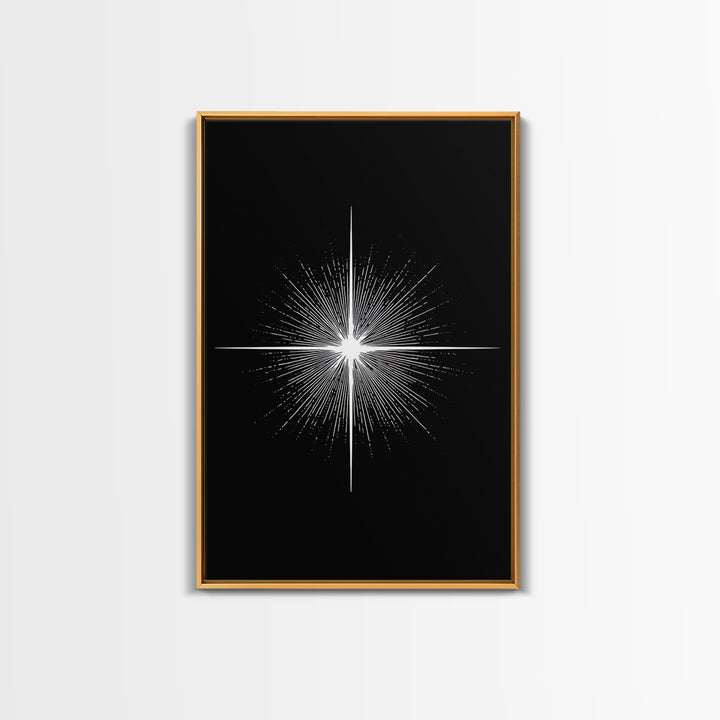 White Radiant Starburst Wall Art, Black Minimal Cosmic Abstract, Modern Geometric Poster, Mid Century Space Home Decor Print