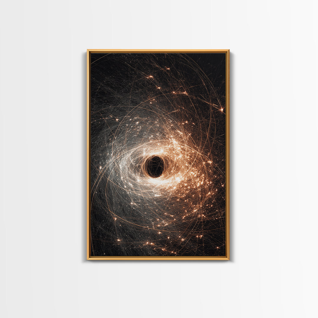 Black Hole Vortex With Golden Spark Orbits Canvas Print, Dark Space Wall Art, Modern Abstract Art, Sci Fi Poster Decor Gift