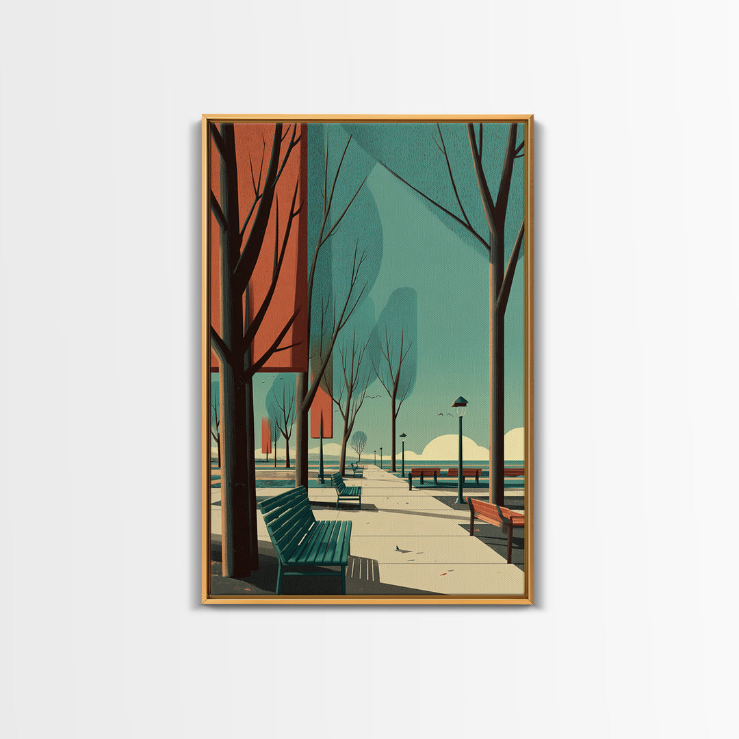 Teal Orange City Promenade Wall Art, Mid Century Modern Travel Poster, Architectural Park Print, Retro Urban Wall Decor Print