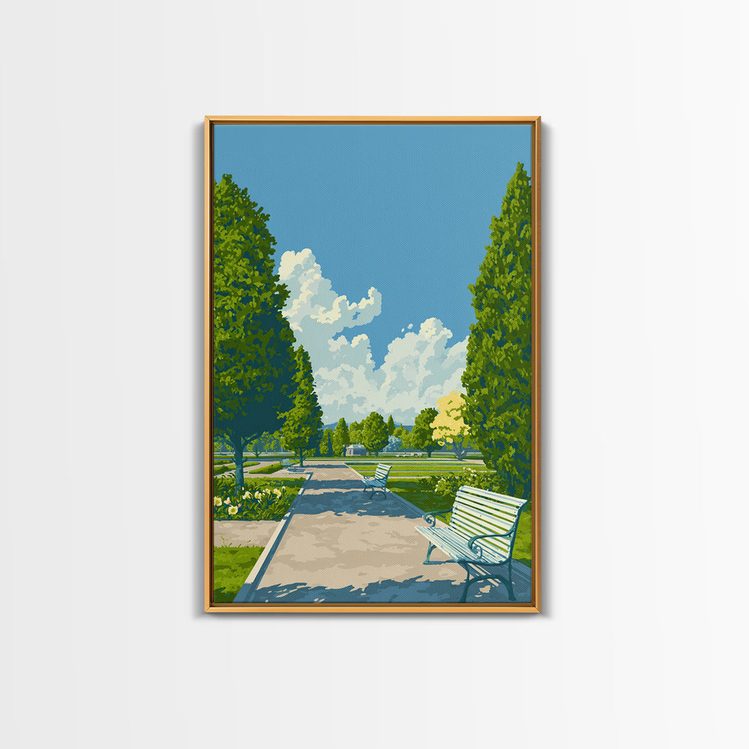 Green Formal Garden Walkway Framed Canvas Print, Mid Century Modern Nature Art, Bright Park Landscape Wall Decor For Home Office