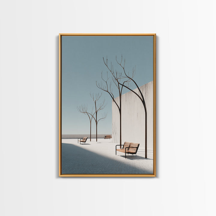 Minimal White Courtyard Benches Wall Art, Mid Century Modern Architectural Print, Scandinavian Modern Minimalist Decor Poster