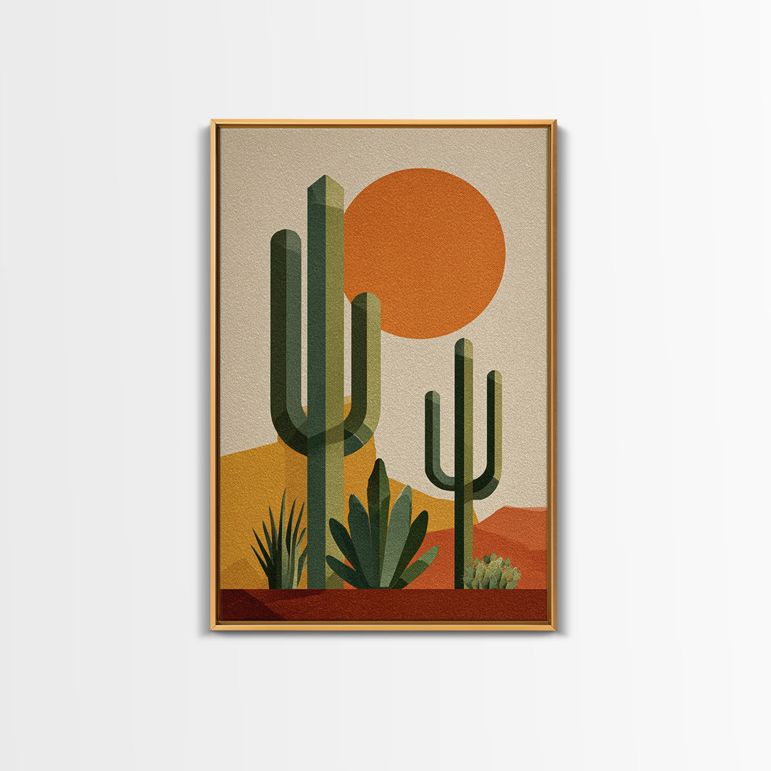 Tall Saguaro Cactus Orange Sun Wall Art, Mid Century Modern Desert Print, Southwestern Decor, Retro Botanical Poster For Home
